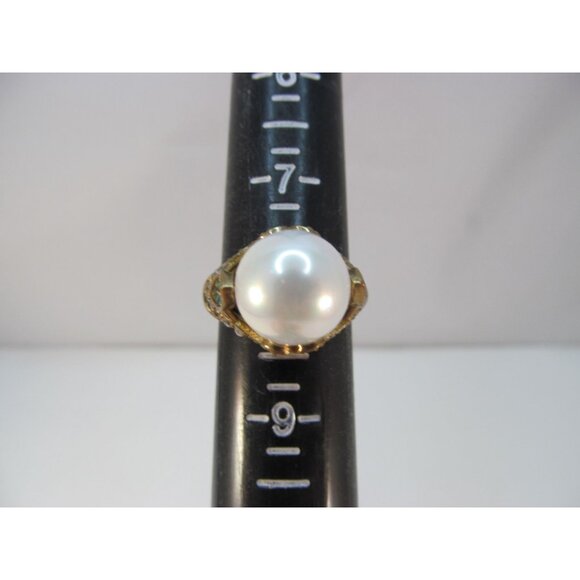 Faux Pearl Green and Clear Rhinestone Sterling Silver Gold Vermeil Ring Size 8.2 - Picture 7 of 12